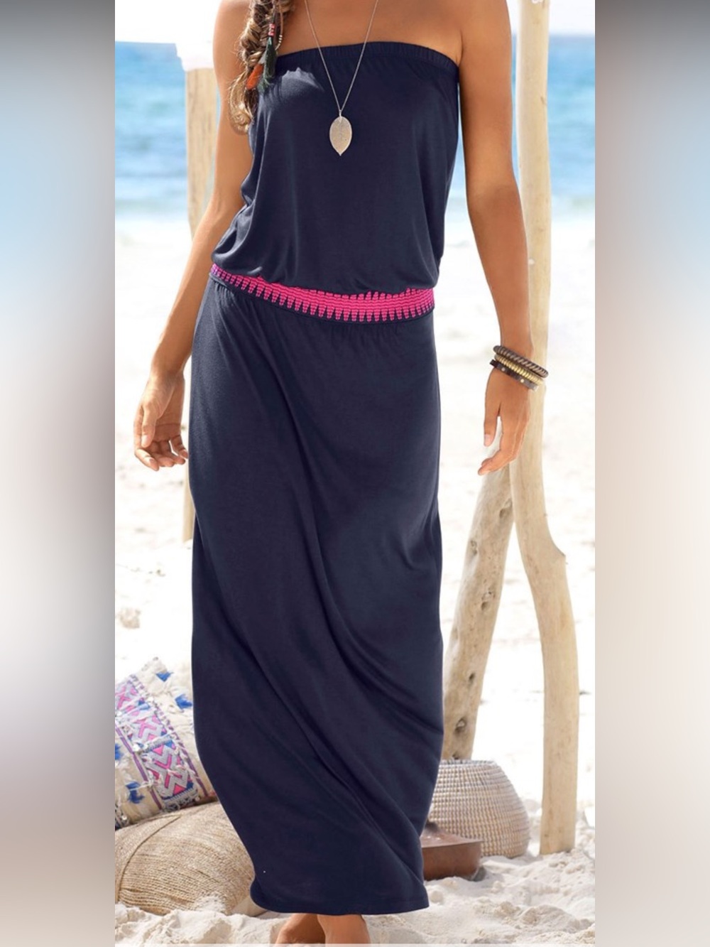 Strapless Navy Maxi Dress with Pink Trim